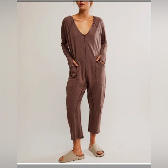 FP Movement by Free People Pants - NWT Movement by Free People Brown V-Neck Jumpsuit Romper w/ Hoodie